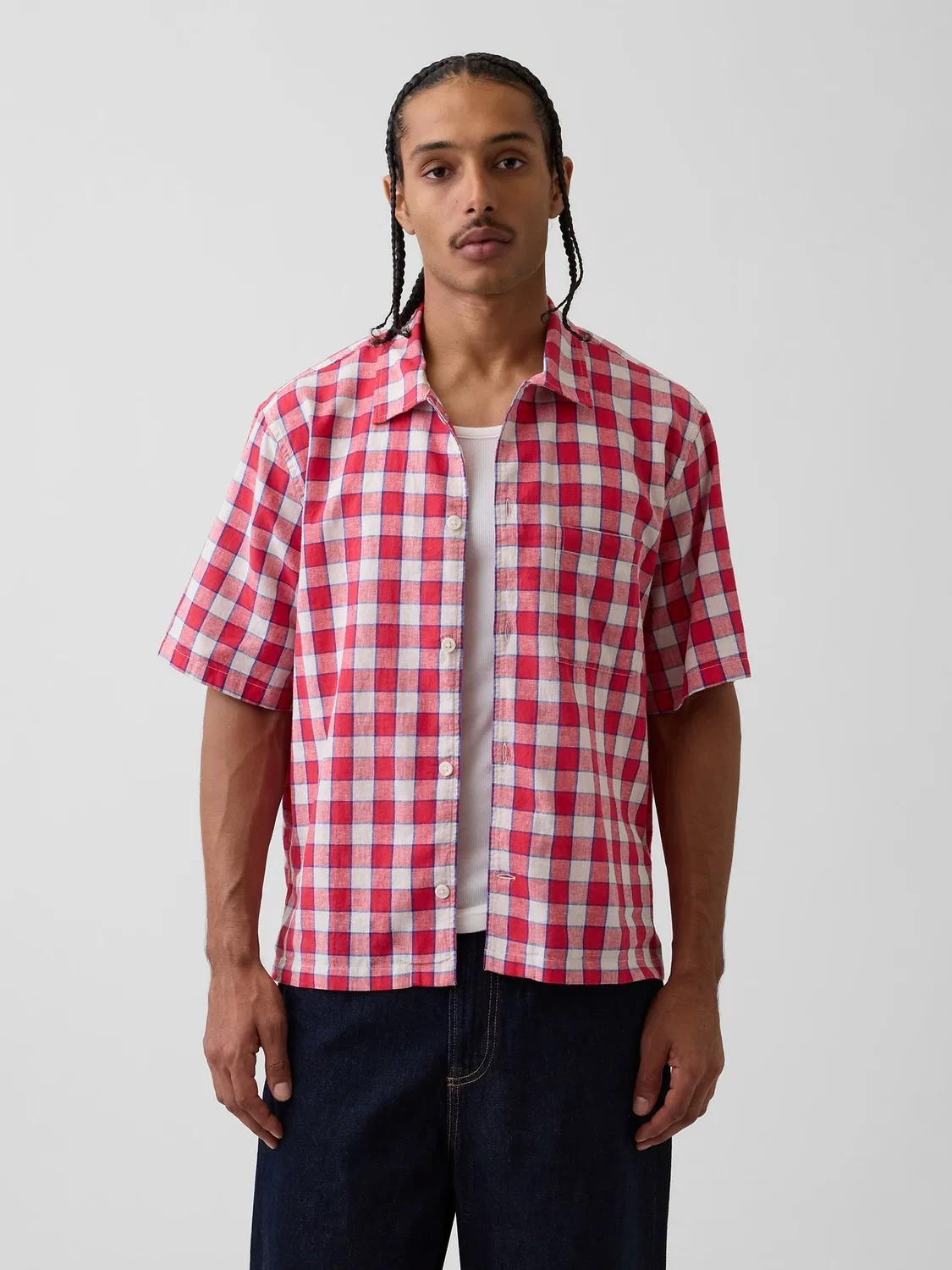 Рубашка из льна и хлопка Gap Red Check, свободный крой