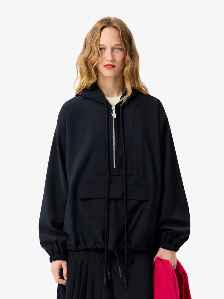 Куртка LACOSTE HDE с капюшоном, полузастежка-молния, темно-синяя