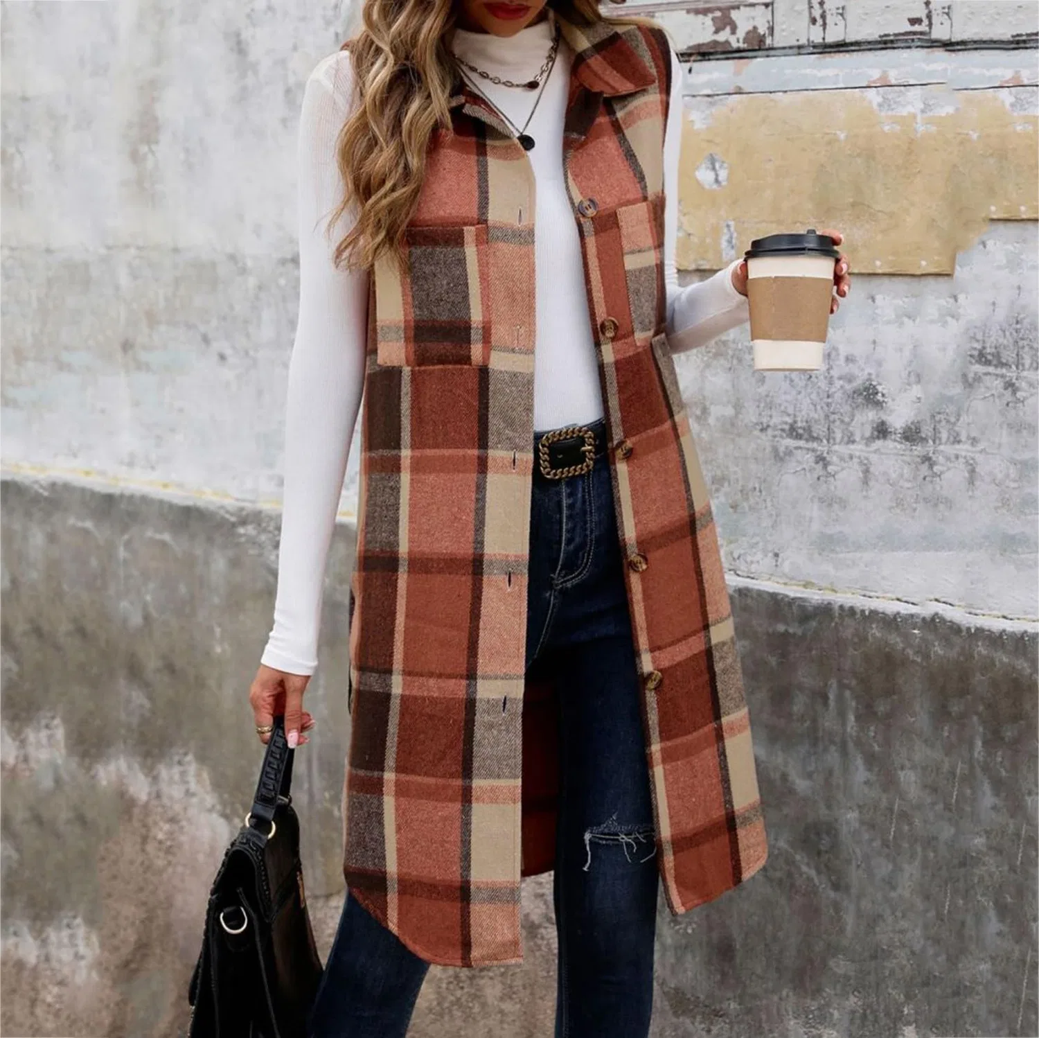 Женская безрукавка с принтом Flannel Vest for Women, Orange — фото 3