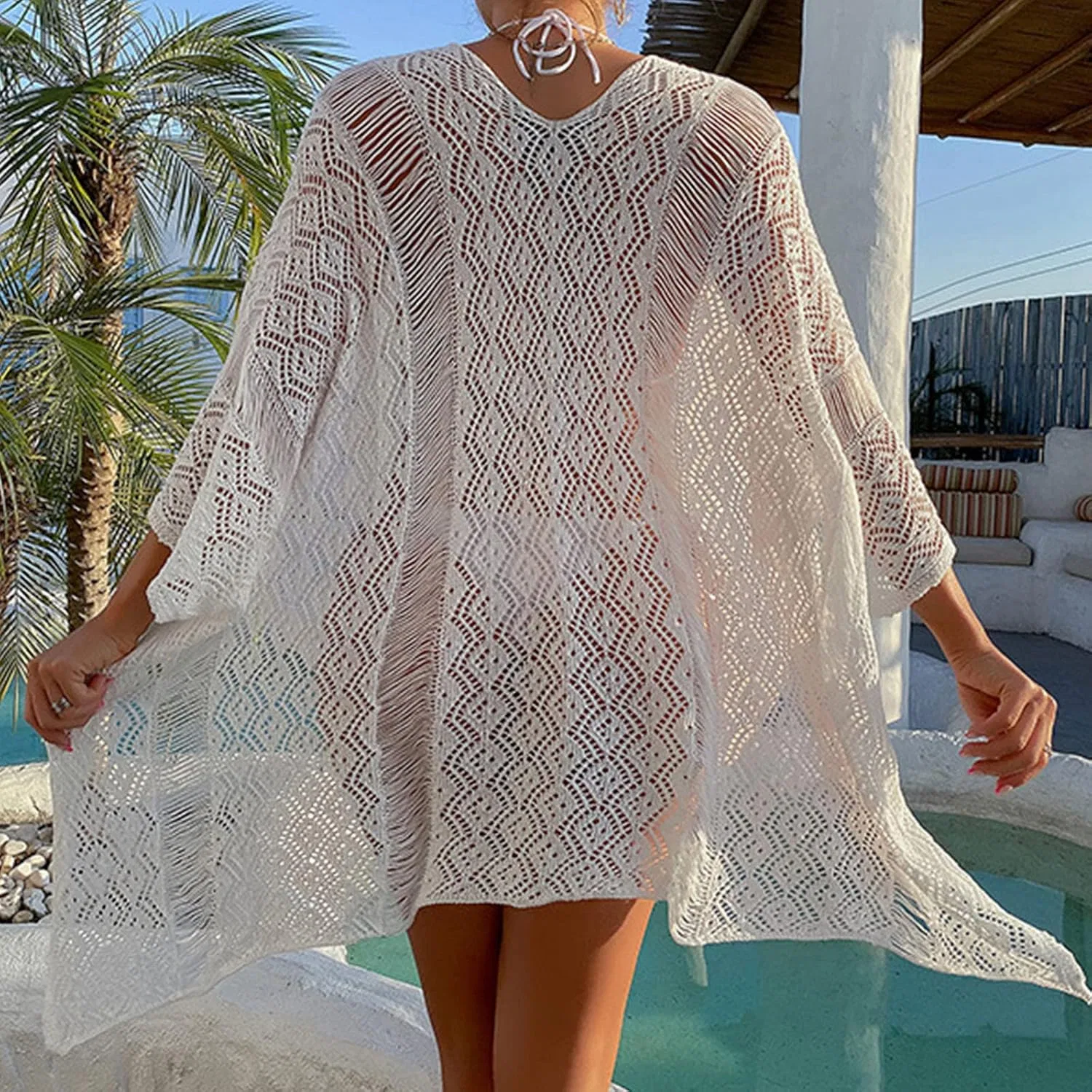 Женский пляжный костюм с кружевной шнуровкой Plus Size Swim Cover Up, White — фото 4