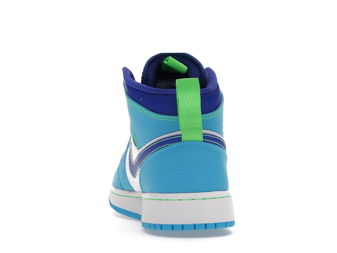 Детские кроссовки для мальчиков с высоким берцем Jordan 1 Mid SE Jordan, Dark Powder Blue/Racer Blue/Green Strike — фото 4