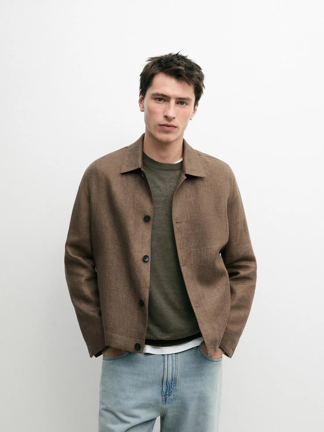 Льняной жакет в стиле "Total Look" с отделкой в елочку Massimo Dutti, Ochre — фото 2