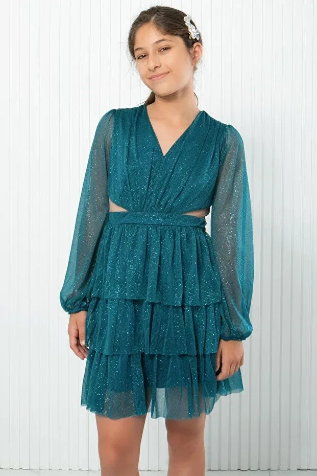 Детское вечернее платье с воланами Ruffled Glitter Tulle Children's Evening Dress Petrol Subu Tasarim, Turquoise