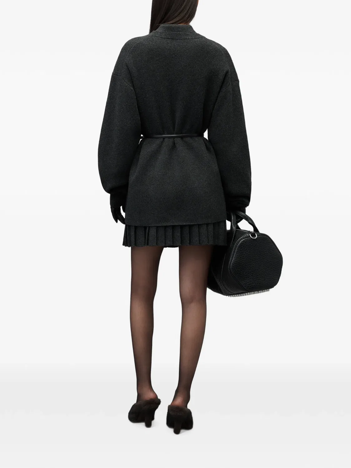Кардиган оверсайз с термопрессованным подолом и поясом Alexander Wang, серый — фото 3
