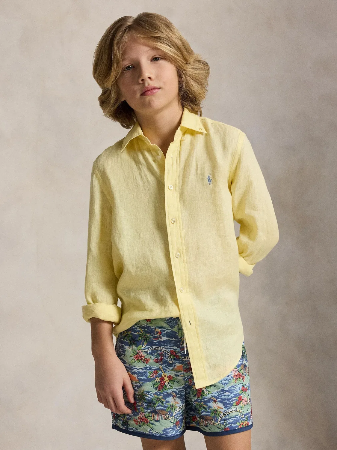 Рубашка из льна, модель с вышивкой Polo Ralph Lauren, бледно-желтый