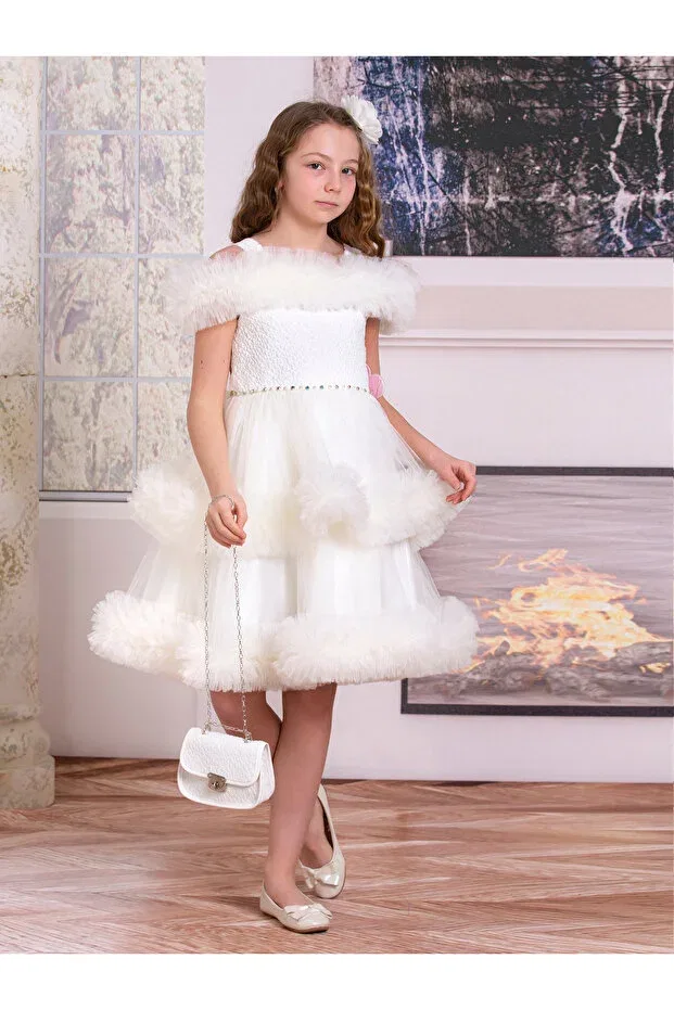 Детское платье из фатина для девочек без рукавов Süslü Pink Kids, White — фото 3