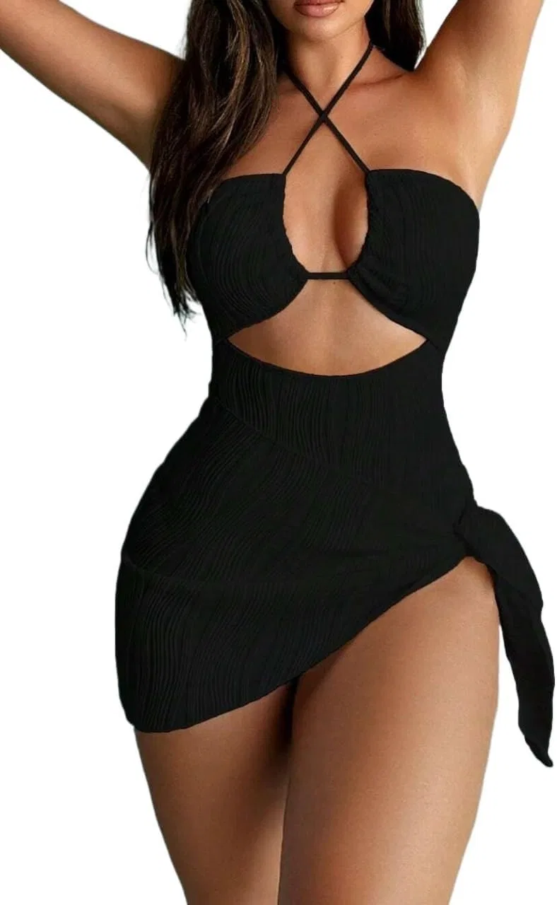 Женский слитный купальник с юбкой backless Halterneck, Black