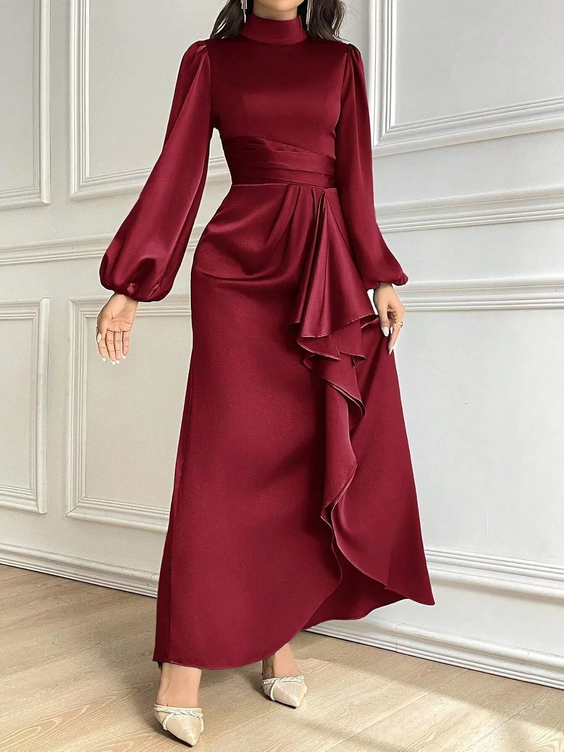Женское элегантное макси-платье с воротником-стойкой, Burgundy — фото 2