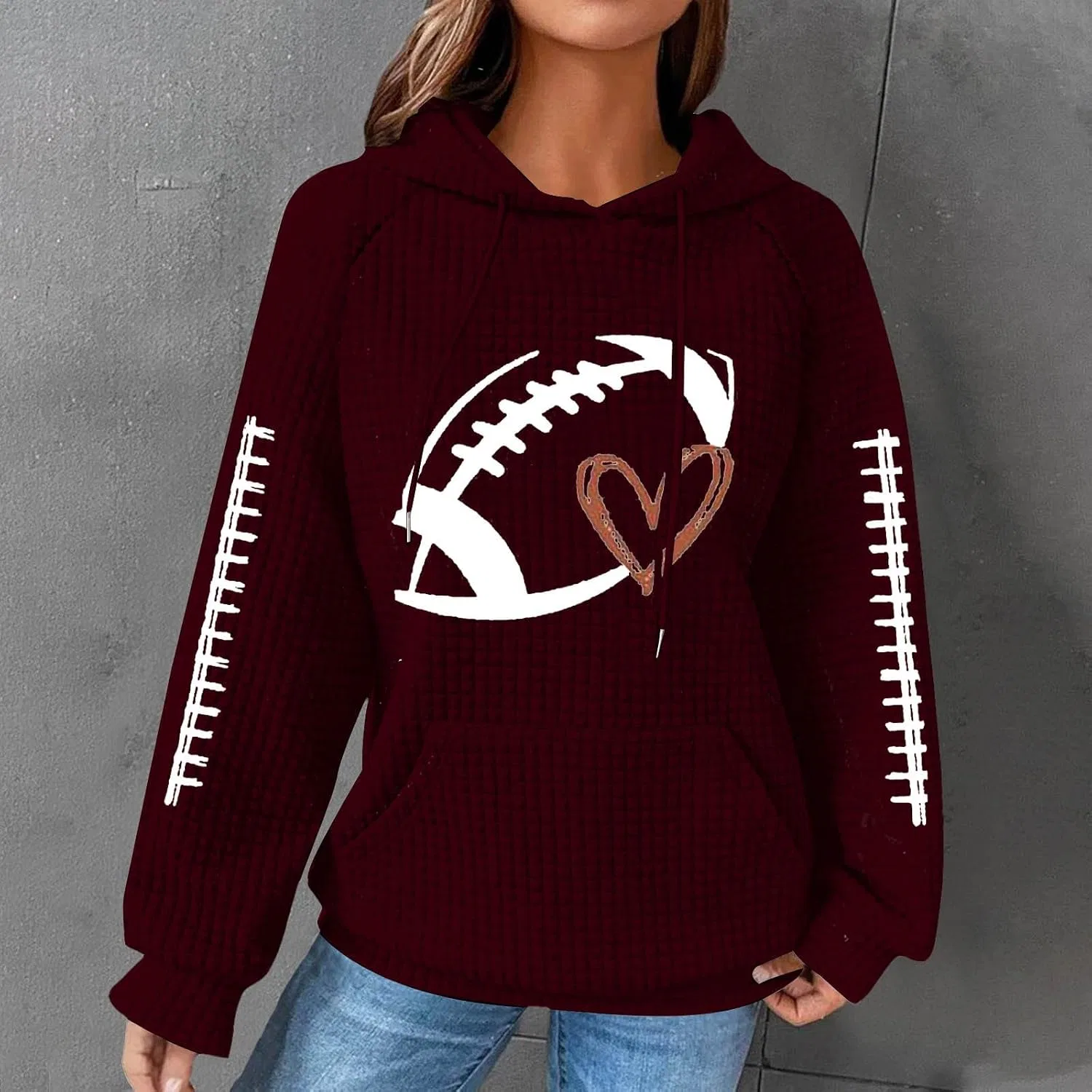 Женский свитшот с капюшоном, с принтом, Football Hooded, Wine-B — фото 2