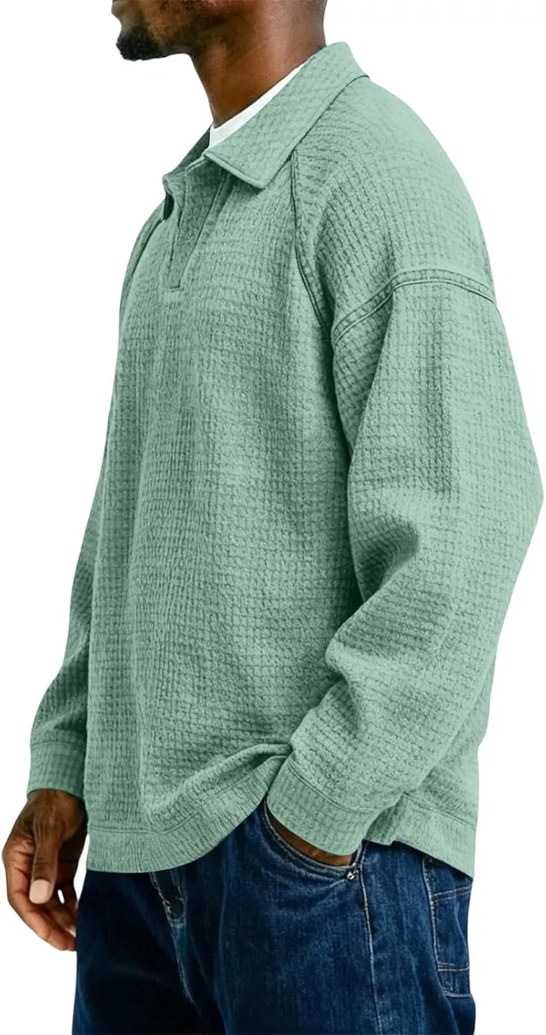 Мужская свободная футболка-поло с вафельной текстурой Generic, Light Green — фото 3