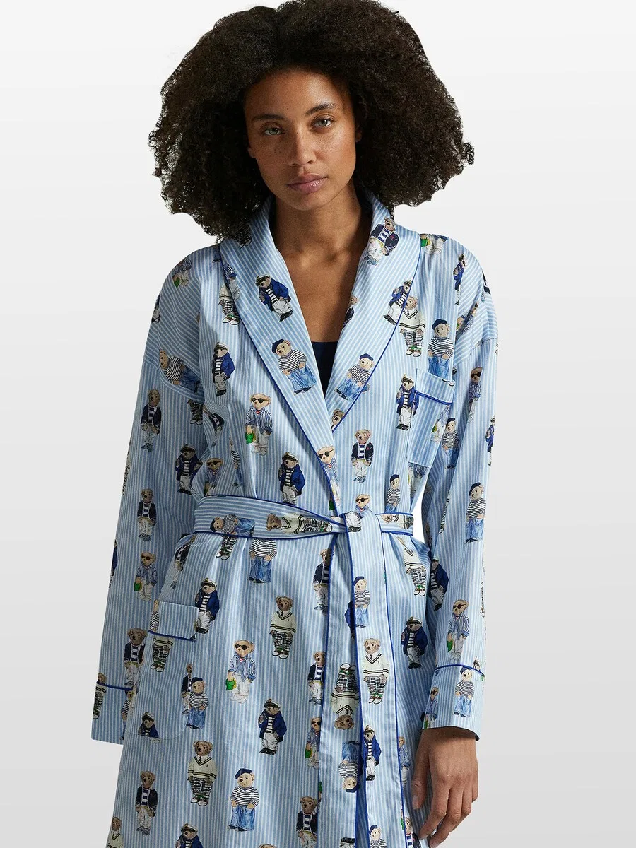 Короткий банный халат Polo Ralph Lauren "Iconic Bear" синего цвета — фото 2