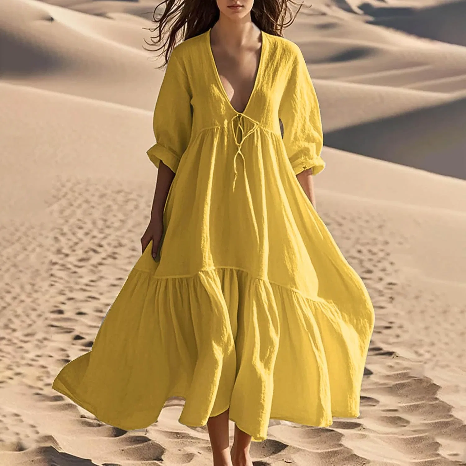 Женское макси-платье с V-образным вырезом и 3/4 рукавами, Yellow — фото 2