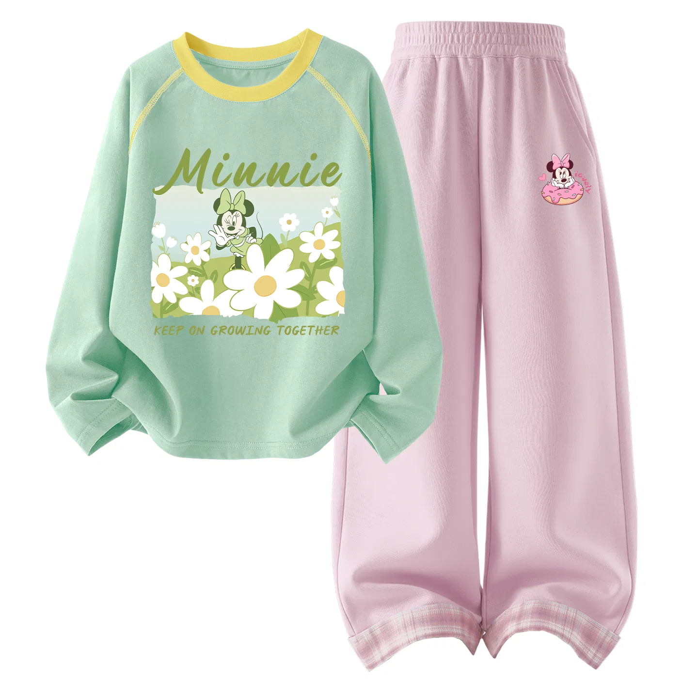 Детский комплект спортивной одежды с круглым вырезом Дизайн Di Flower Spring Sprout Green+Di Donut Nini Cherry Blossom Pink Disney, Di Flower Spring Sprout Green+Di Donut Nini Cherry Blossom Pink