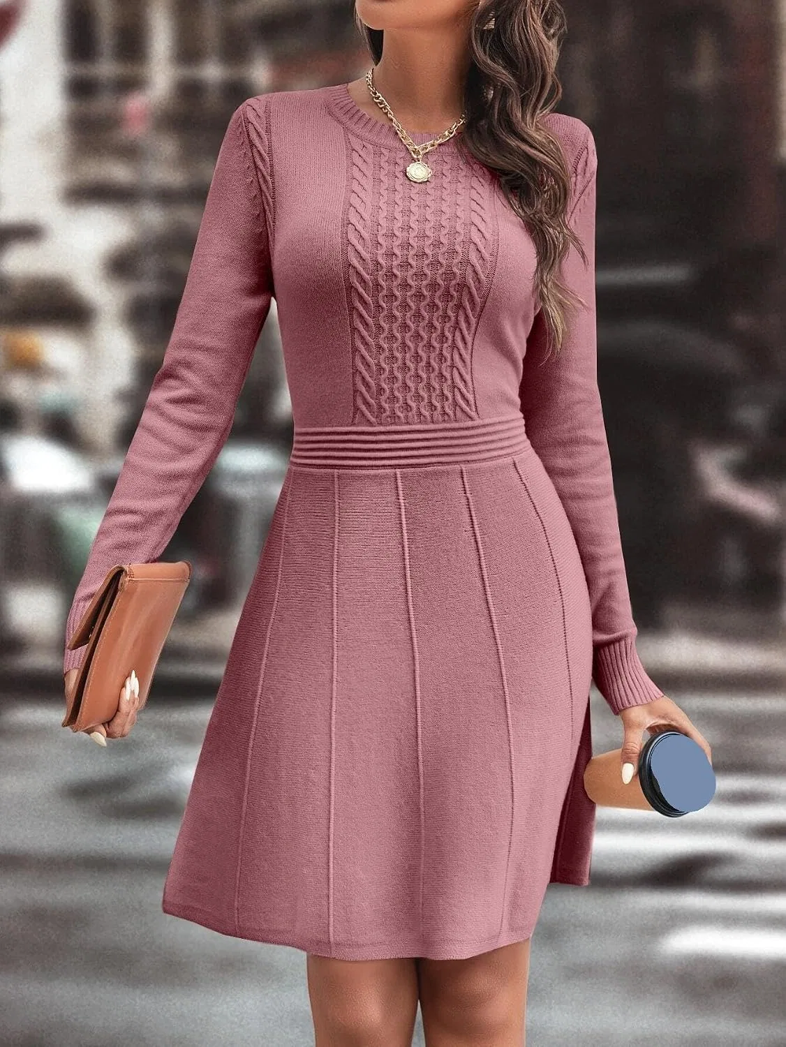 Женское платье фасона трапеция с длинным рукавом, Dusty Pink — фото 4