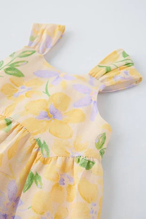 Детское платье для девочек с принтом Lacıel paris bow lace-up lined floral print dress Generic Brands, Yellow — фото 3
