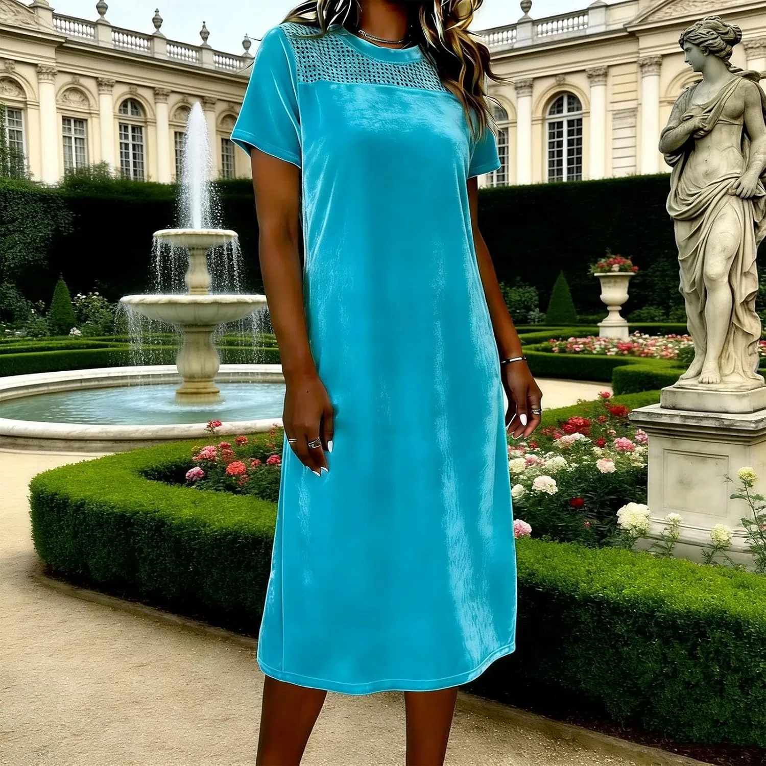 Женское макси платье свободного кроя с вырезом, Light Blue — фото 2