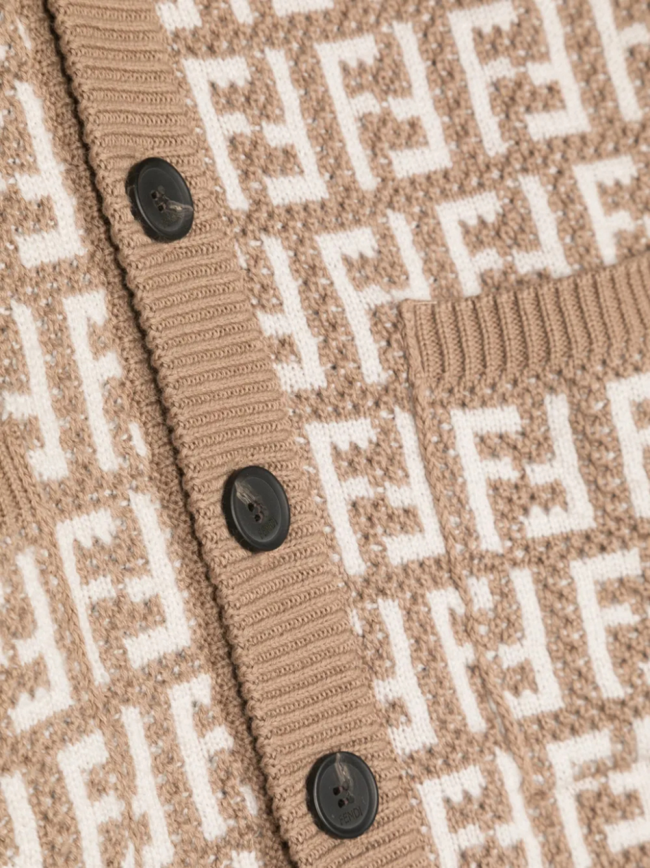 Кардиган вязки интарсия с V-образным вырезом и логотипом FF Fendi Kids, нейтральный — фото 3