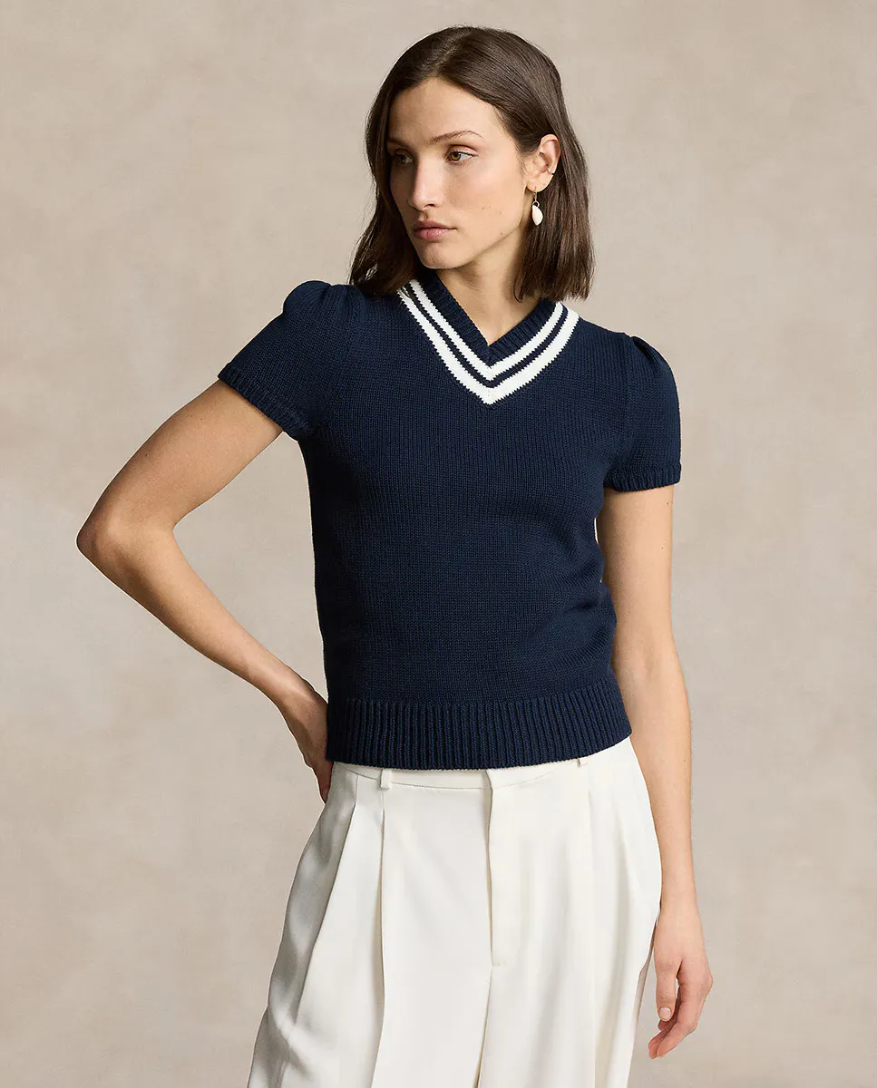 

Хлопковый женский свитер с коротким рукавом Polo Ralph Lauren, темно-синий