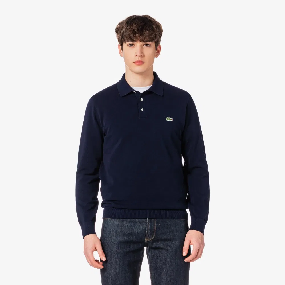 Мужской свитер-поло из пике с длинным рукавом тёмно-синий от Lacoste — фото 4