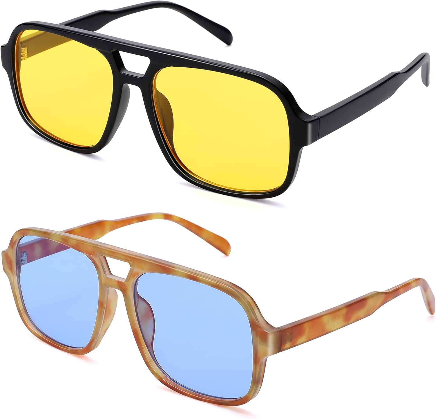 

Ретро-солнцезащитные очки-авиаторы для женщин и мужчин, модные квадратные солнцезащитные очки в стиле 70-х годов с защитой от УФ-излучения UV400 DYSAKER, B4-2pack(black/Yellow + Yellow Tortoise/Blue)