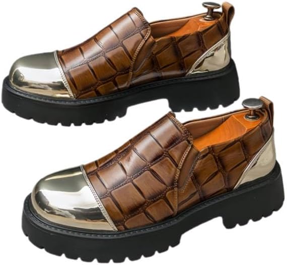 

Мужские массивные лоферы на платформе с толстой подошвой и текстурой под крокодила золотистого оттенка - слипоны с круглым носком, верхняя часть и резиновая подошва для увеличения роста Minlaidian