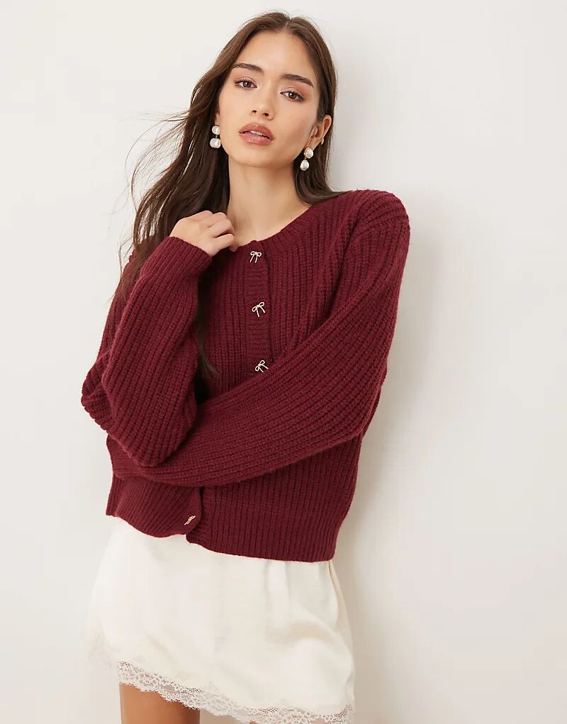 

Кардиган Lovedrobe с круглым вырезом и отделкой в ​​виде банта на пуговицах бордового цвета