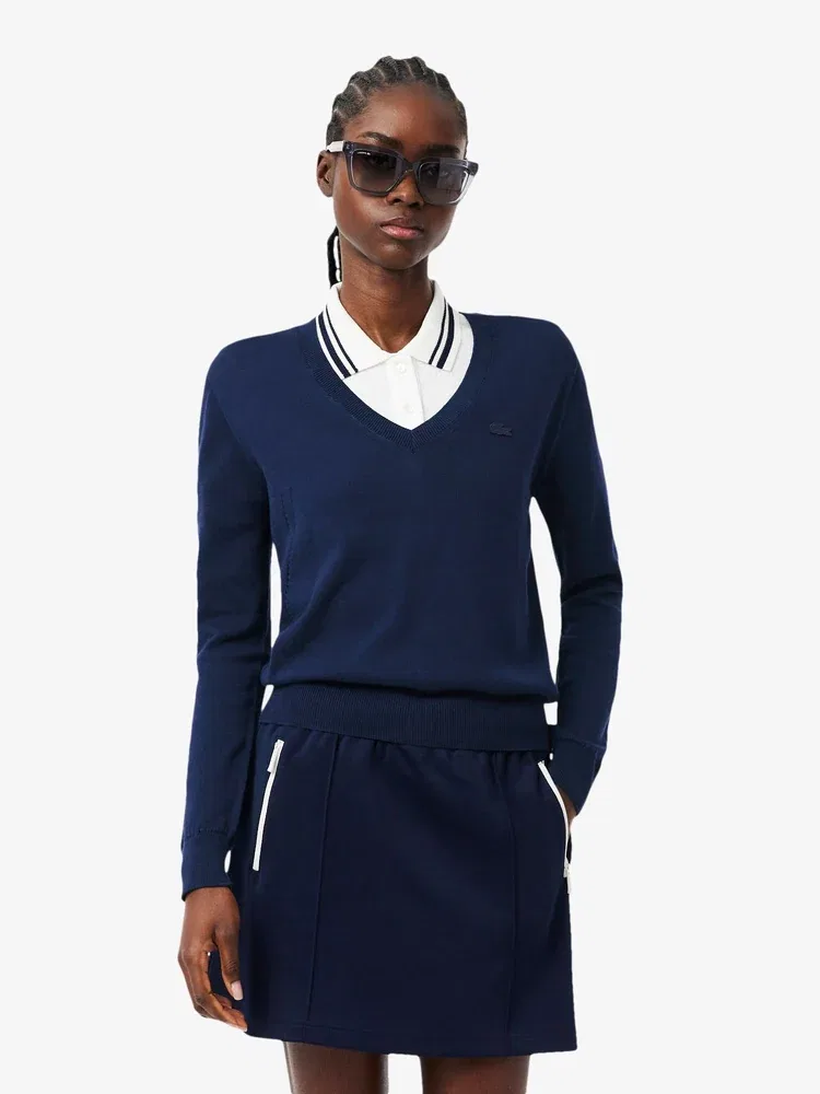 Свитер женский LACOSTE Light Cotton, V-образный вырез, Navy