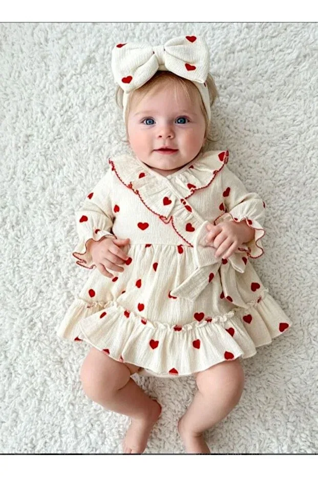 Детское платье для девочек с длинным рукавом Amore heart patterned crochet dress Minikincibaby, Red