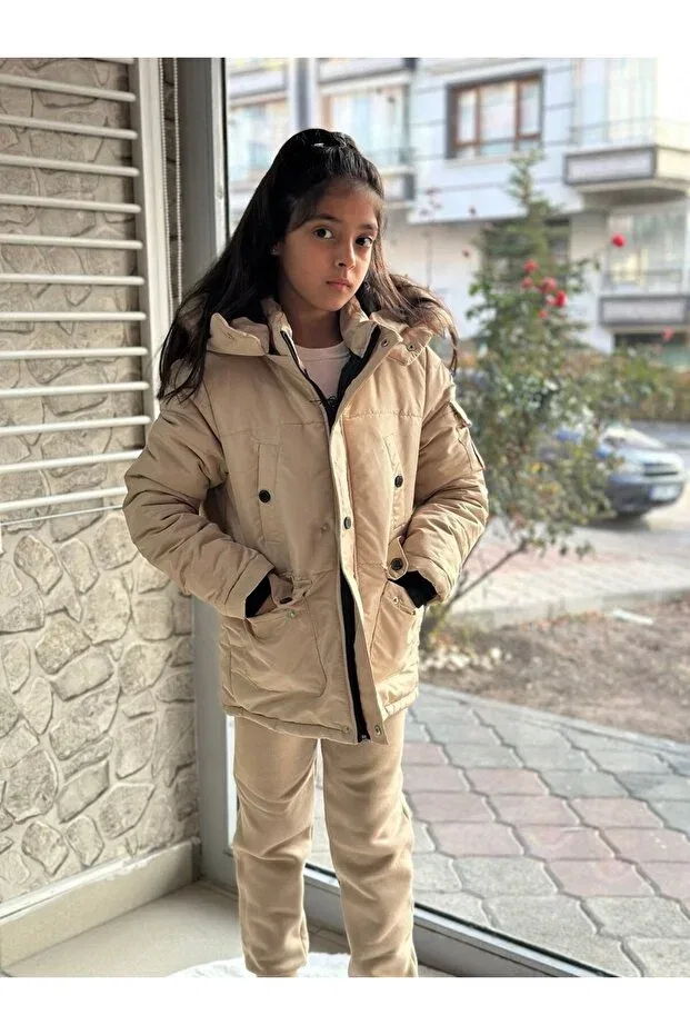 Детское зимнее пальто для девочек с геометрическим принтом Narin Kids, Nude Color — фото 3