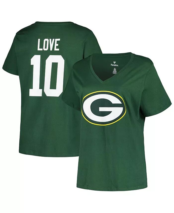 

Женская футболка Jordan Love Green Green Bay Packers Plus Size с именем игрока и номером и V-образным вырезом Fanatics