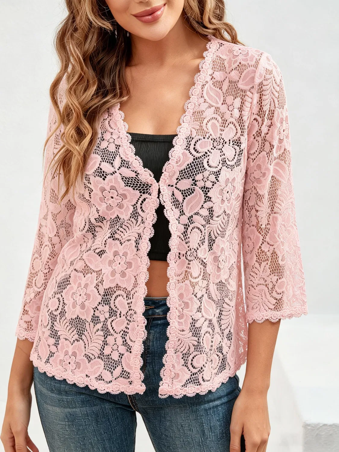 Женский кардиган с цветочным кружевом с рукавом 3/4, модель Bolero, Pink — фото 3
