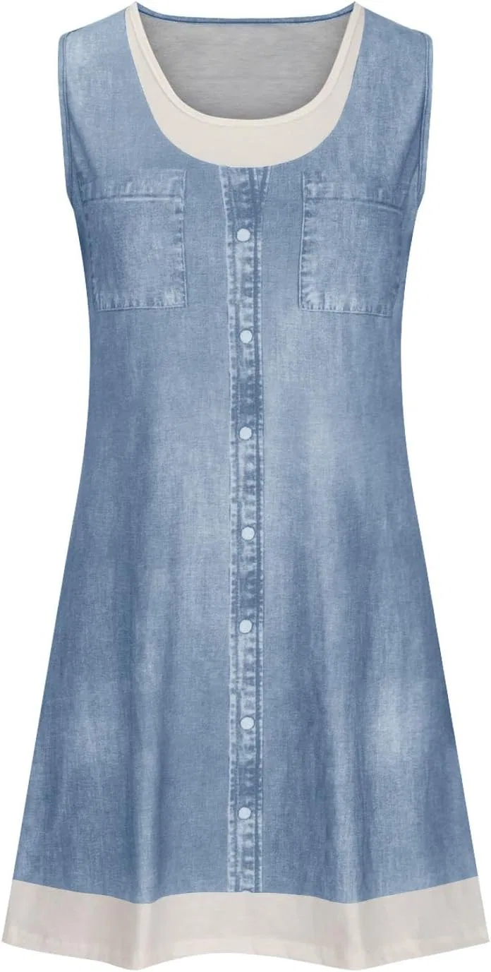 Женское летнее джинсовое платье с имитацией двухслойности A-Line, Light Blue — фото 4