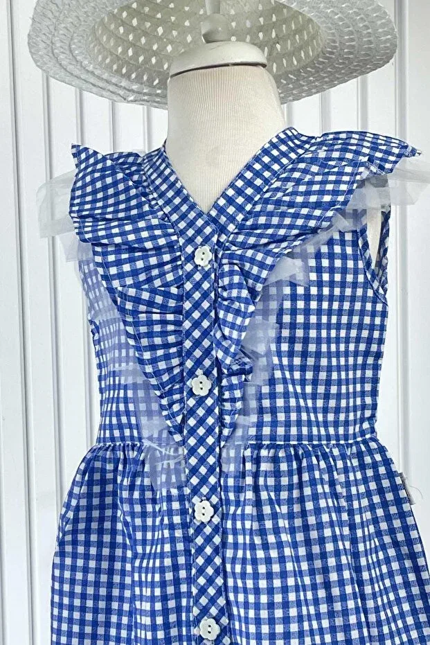 Детское платье для девочек с принтом Gingham dress with blue hat Generic Brands, Blue — фото 4