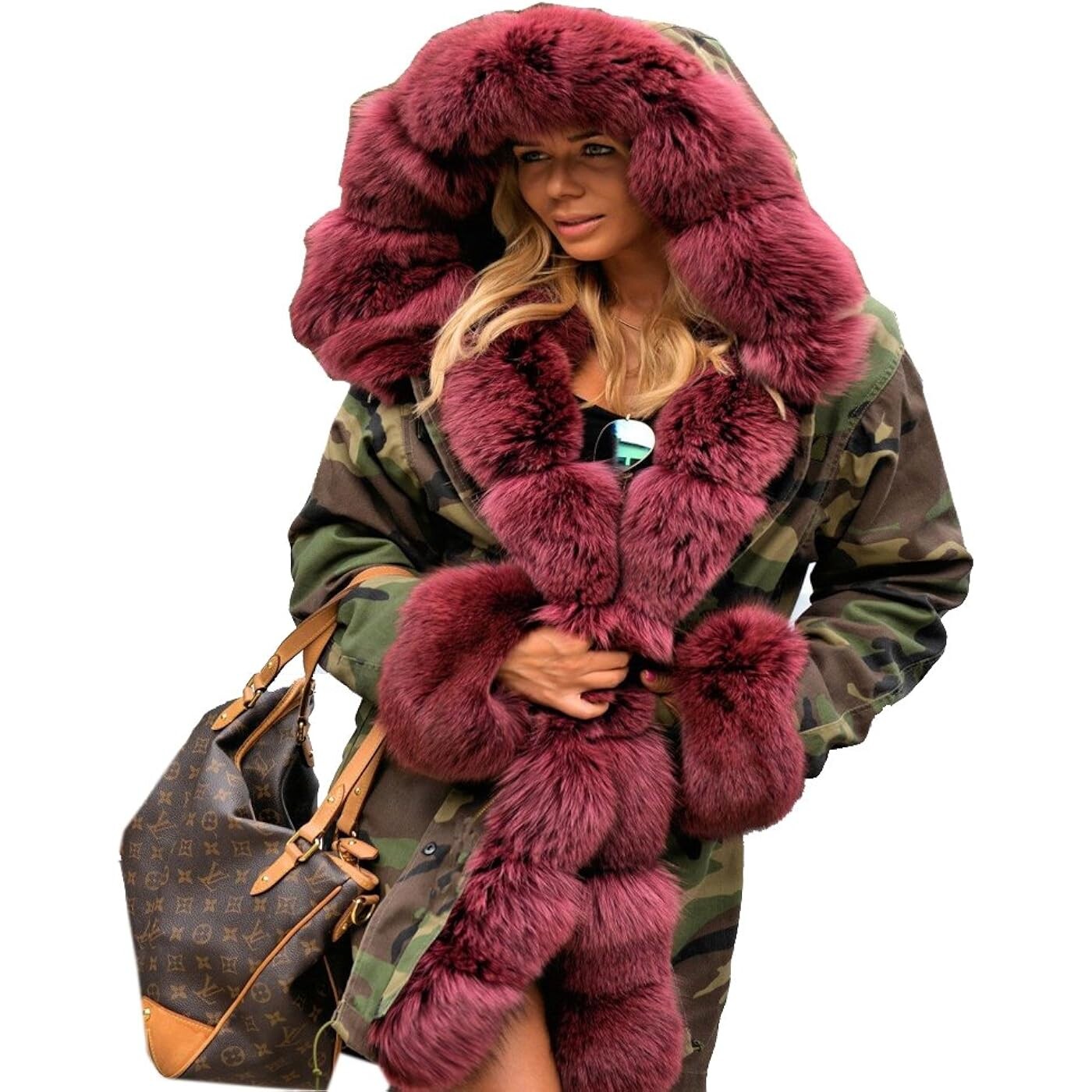 

Парка Aofur Long Warm Winter Faux Fur Collar Qulited Women's, хаки/бордовый
