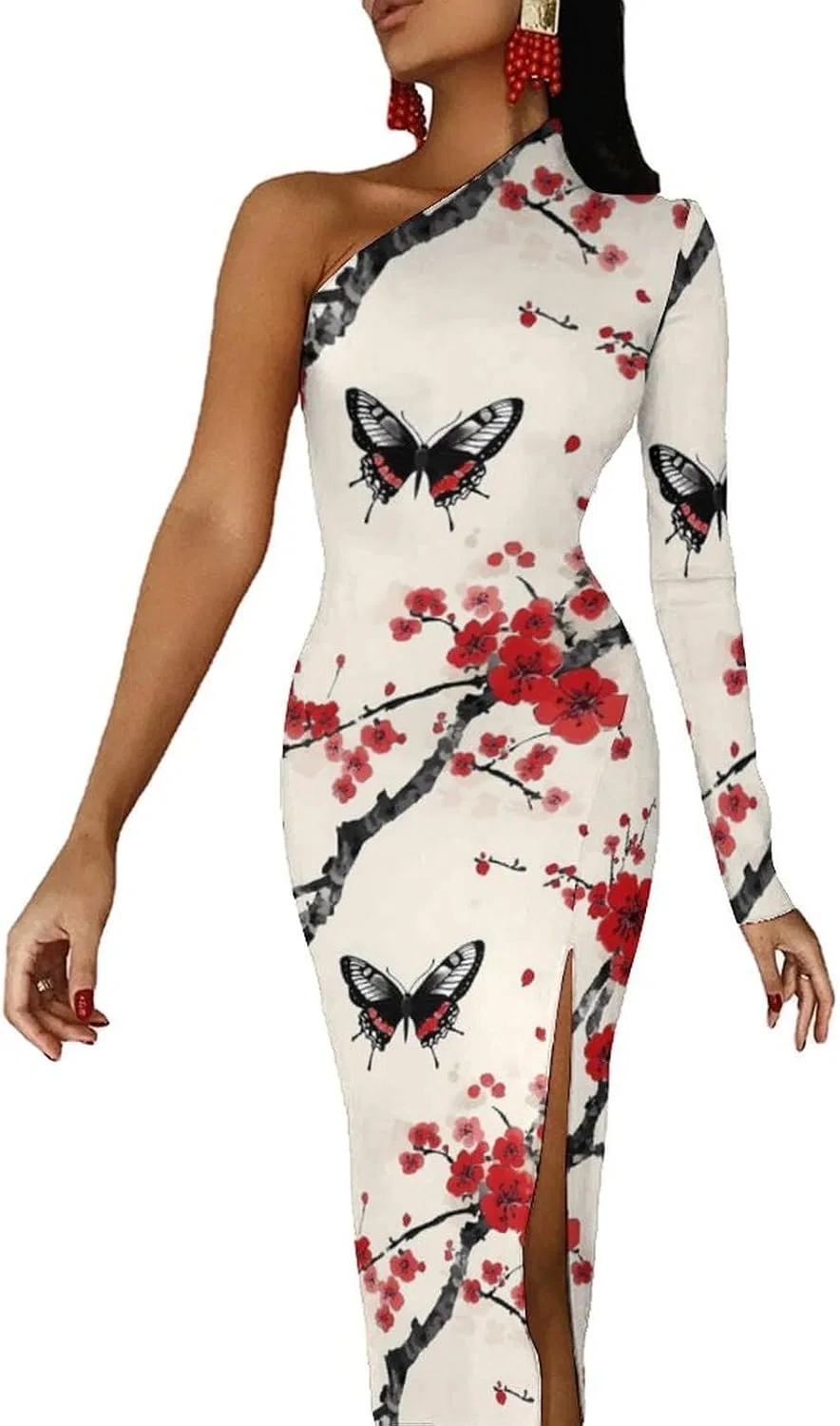 Женское коктейльное платье с одним плечом, длинным рукавом и разрезом, Bodycon, Style
