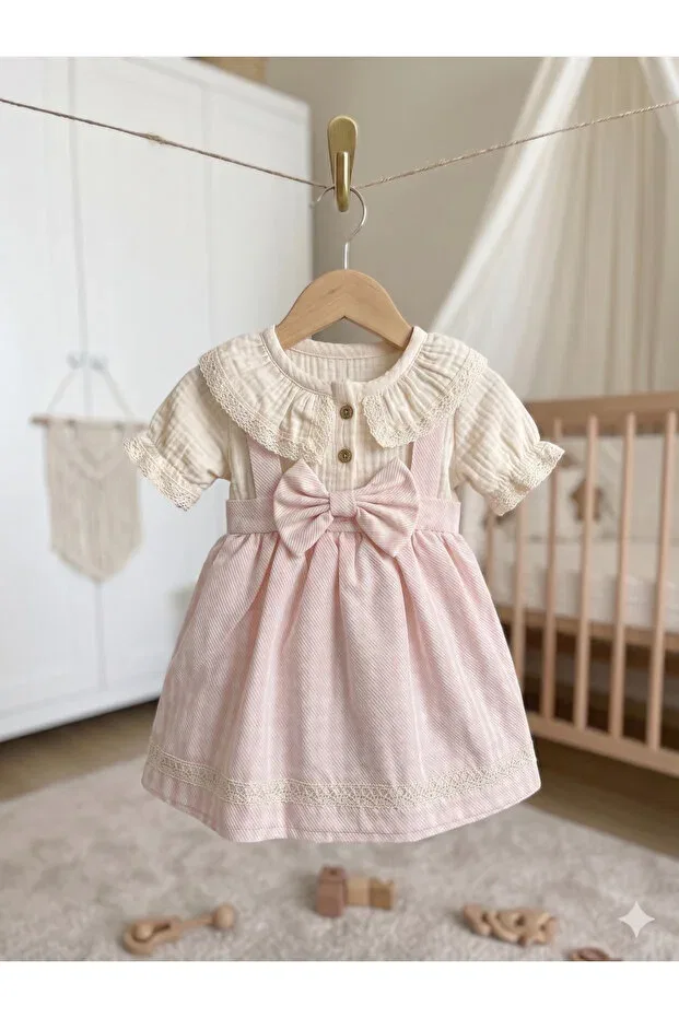 Детское платье для девочек хлопковое Vintage style one-piece baby dress - with bow detail, checkered muslin and gilet look Balımbebe, Pink — фото 3