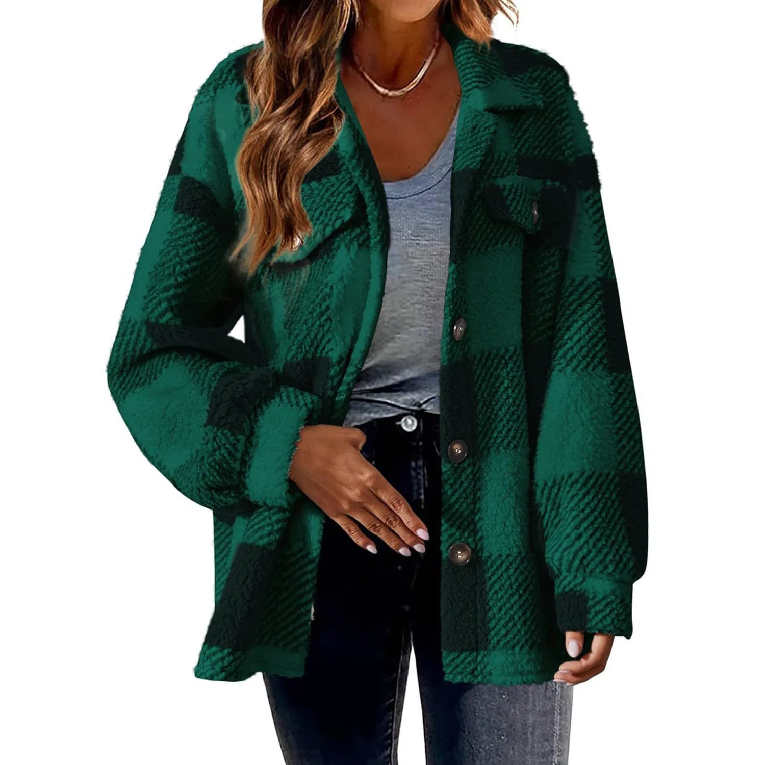 Женская фланелевая куртка с принтом Women Plaid Fleece Jacket, Verde — фото 2