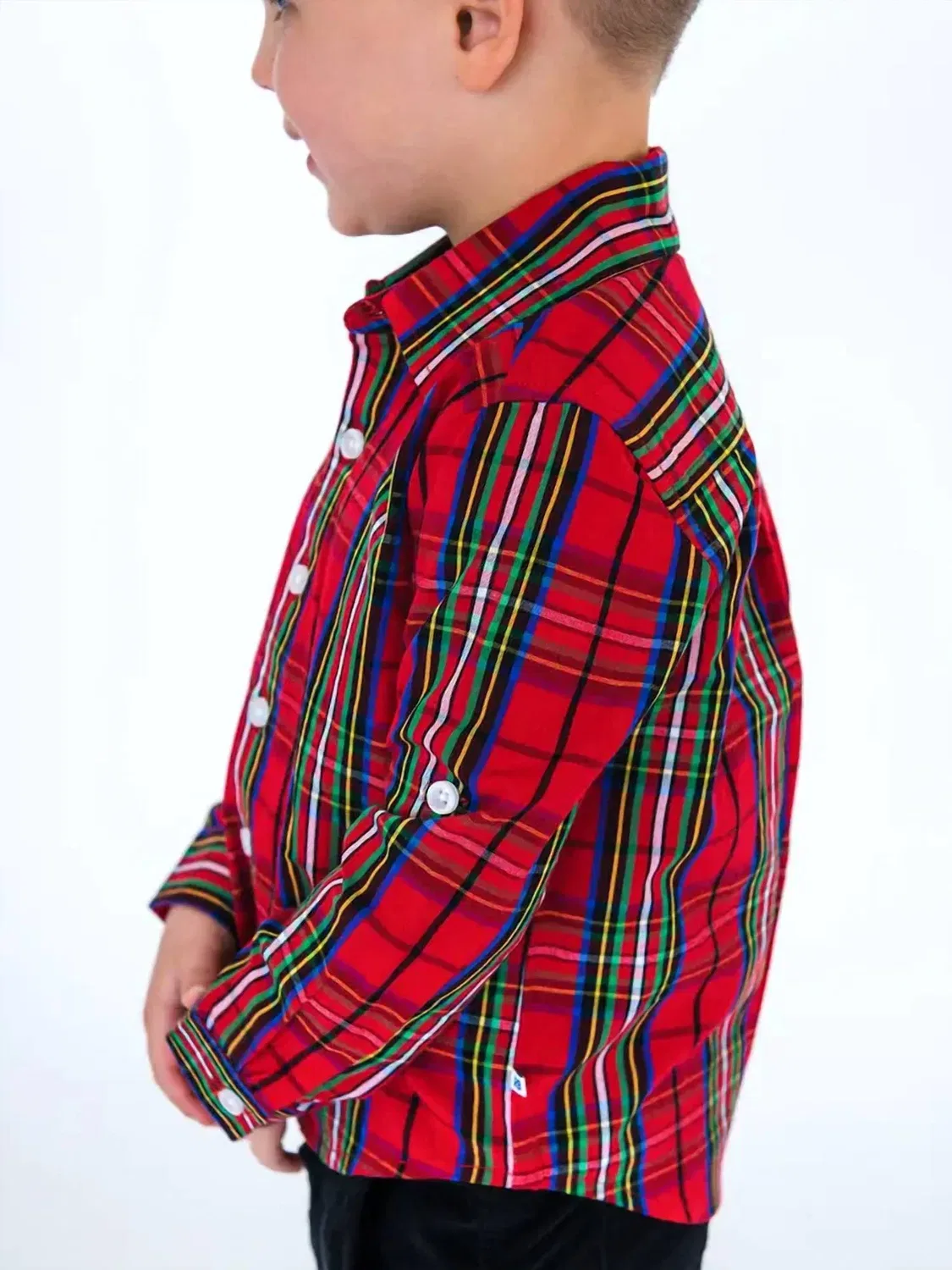 Детская рубашка для мальчиков в клетку с рукавом на пуговицах Nicholas Plaid Shirt RuffleButts, красный — фото 2