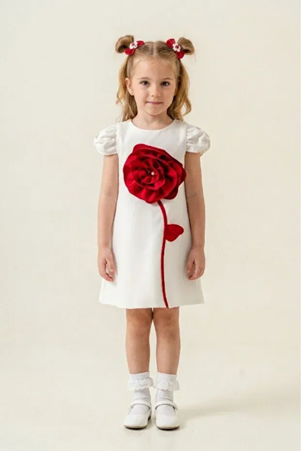 Детское платье для девочек с коротким рукавом Rose Detailed Eray Kids, White — фото 2