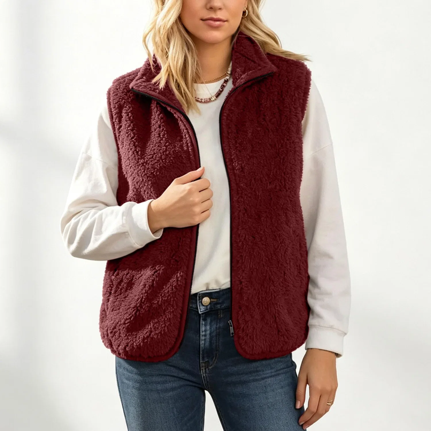 Женский жилет из шерпы без рукавов, vino — фото 2