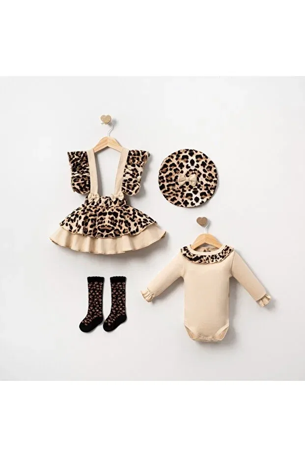 Детский комплект для девочек с принтом Leopard patterned skirt four-piece set Saninbaby, Beige — фото 3