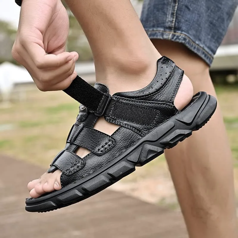 Men's Сандалии Leather Open Toe Outdoor Sport Adjustable Summer Beach Shoes Mecolop, черный — фото 3