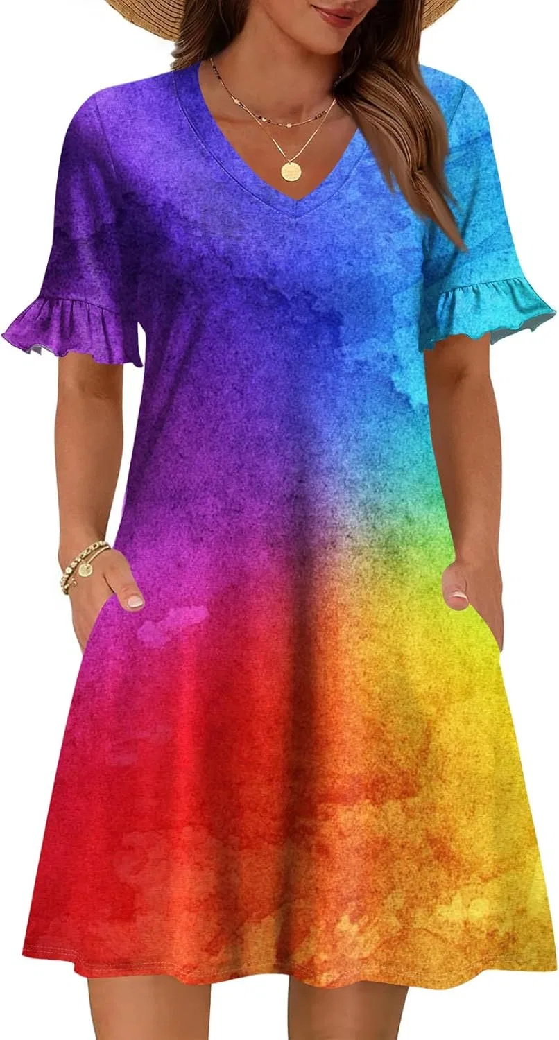 Женское летнее платье А-силуэта с воланами V-Neck, Short Sleeve, Floral, 2-multicolor