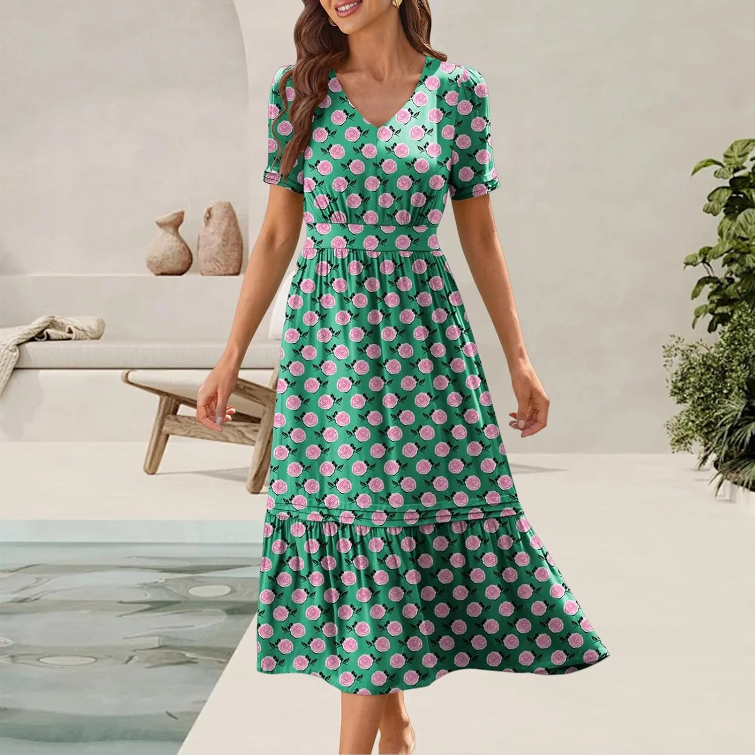 Женское летнее платье макси с цветочным принтом A-line, Light Green — фото 2