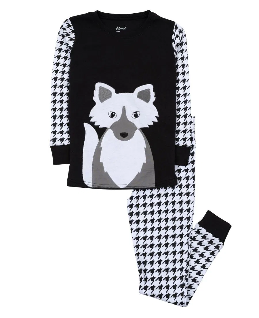 Детская пижама из хлопка с длинным рукавом, комплект из двух предметов, Cozy Critters Leveret, Fox Black & White Houndstooth