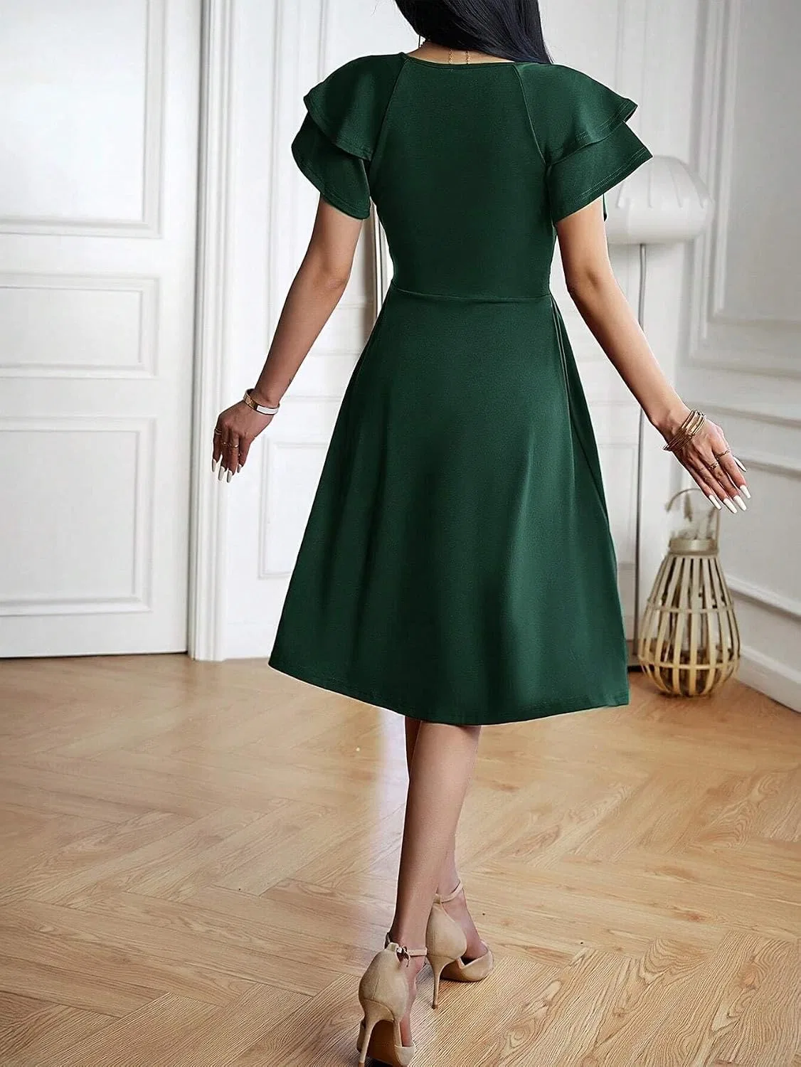 Женское элегантное платье с воланами и V-образным вырезом, Dark Green — фото 3