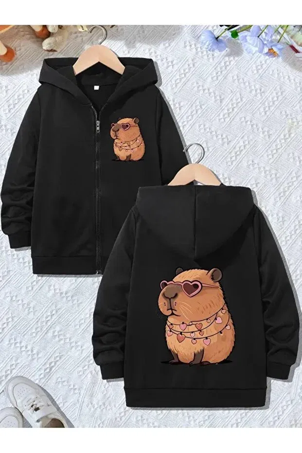 Детский кардиган с принтом Capybara Front-Back Printed Hooded Zippered Louisa, Black