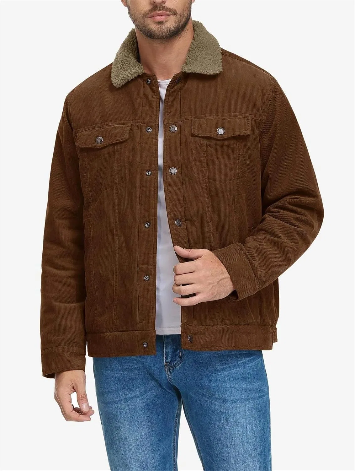 Мужское зимнее вельветовое пальто с флисом, модель Trucker Jacket, кэмел — фото 2