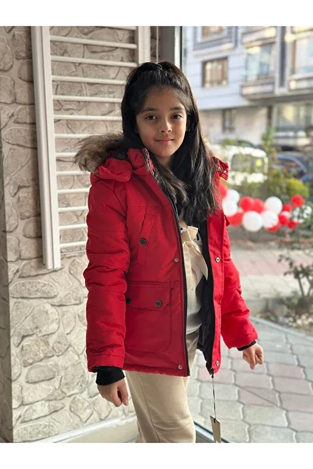 Детское зимнее пальто для девочек с принтом Fur detachable hood filled lined unisex high quality inflatable children's coat Narin Kids, Red — фото 2