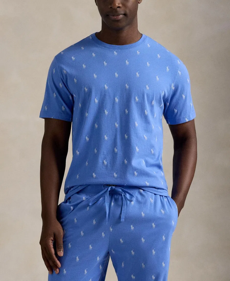 Пижамная футболка с коротким рукавом, с принтом Polo Pony Polo Ralph Lauren, Harbor Island Blue/White Tick Stripe/White Logo